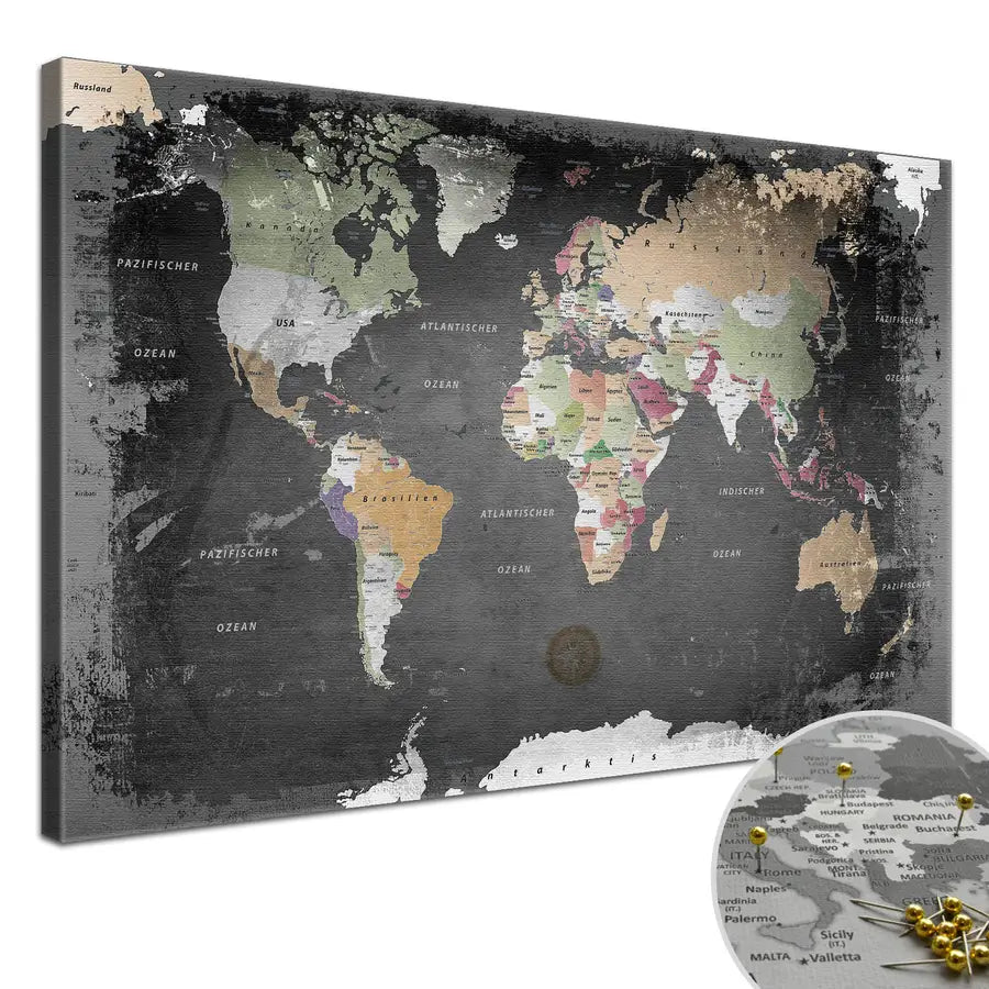 Lana Graphit 🇫🇷 Leinwandbild Bild - Weltkarte Weltkarte 🇩🇪 KK® - - - – - Pinnwand 🇬🇧