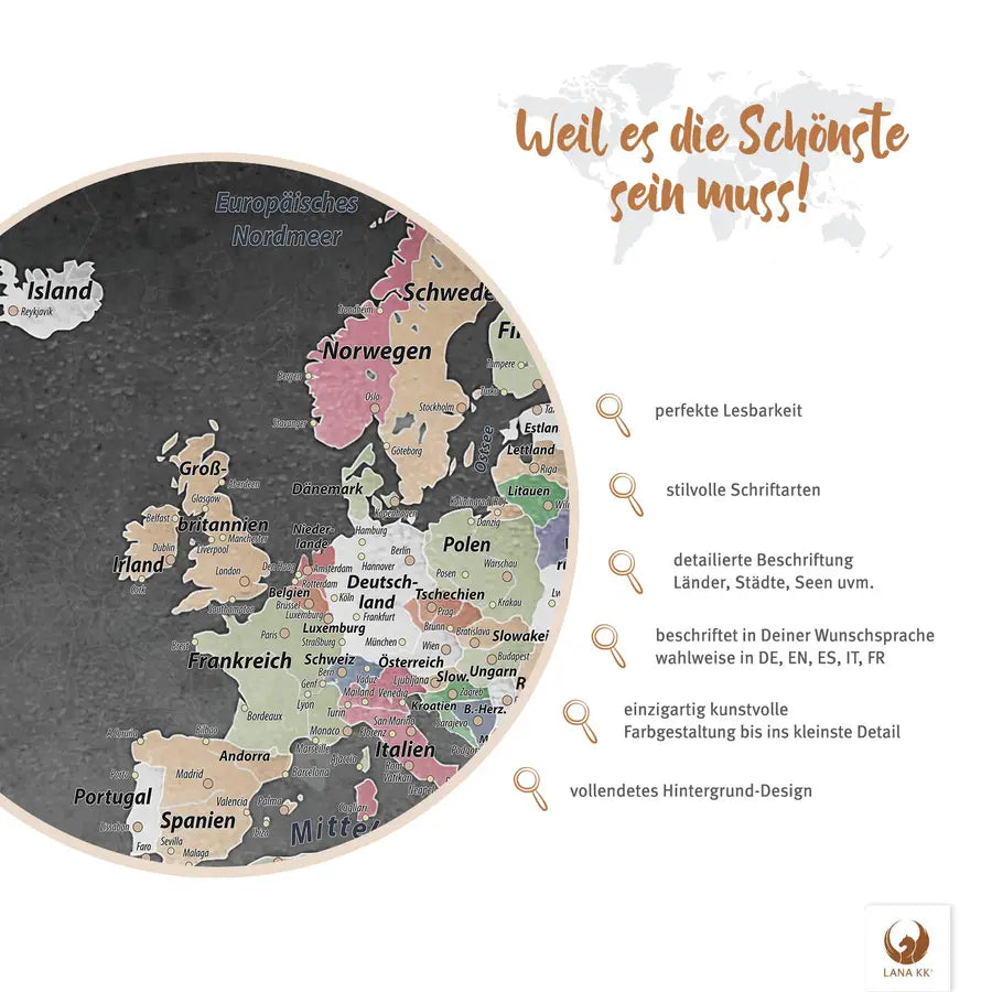 Leinwandbild - Weltkarte Bild Graphit Weltkarte Lana 🇫🇷 🇬🇧 🇩🇪 - Pinnwand - – KK® - 